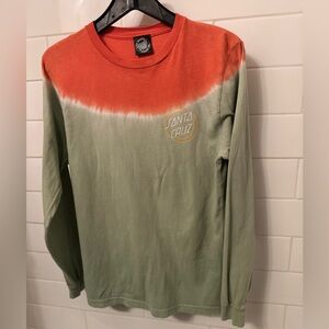 Santa Cruz One Stroke Long Sleeve Green & Orange Tie-Dye Skater Cotton T-shirt S